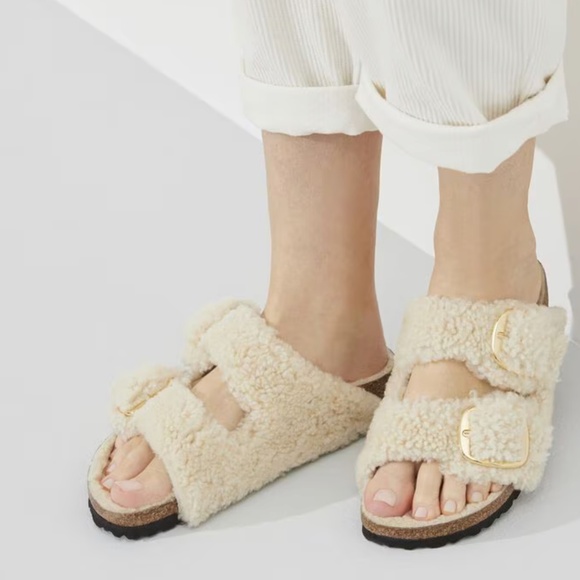 Arizona Big Buckle Genuine Shearling Slide Sandal Eggshell Size 37 - Picture 6 of 11